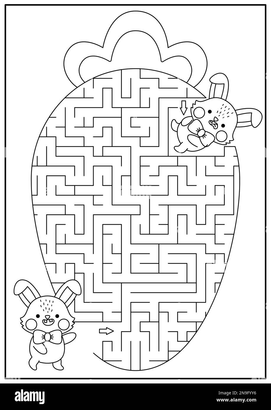 Easter black and white maze for kids. Spring holiday preschool printable activity with kawaii bunny eating big carrot. Geometrical labyrinth game, puz Stock Vector