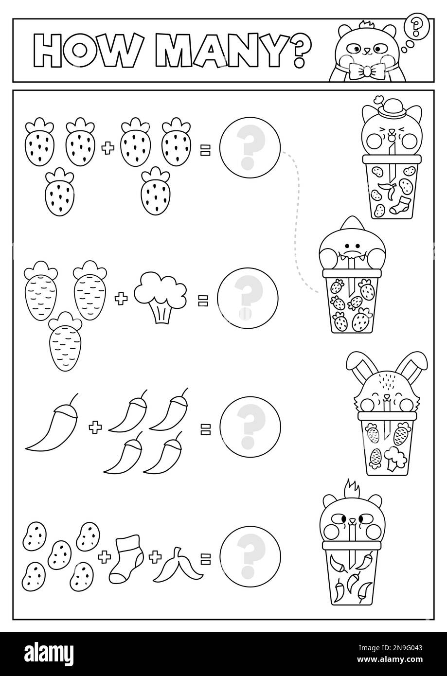Black and white matching game with cute kawaii fruit, vegetables drinks