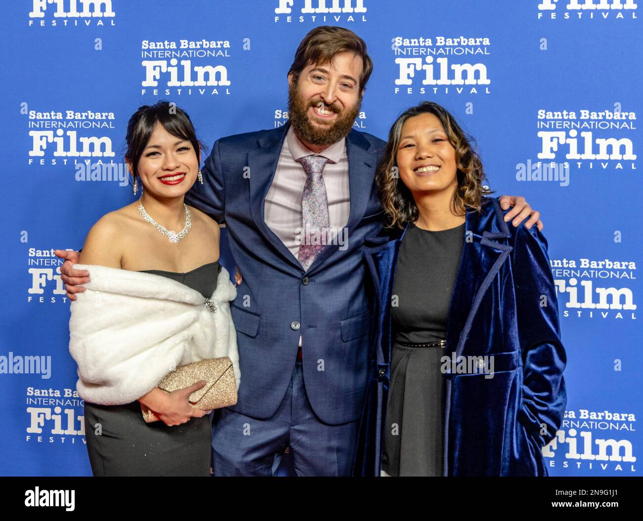 l-r) Chrisna Chhor, Frank Martinez and Caylee So (The Harvest) arrive at  the 2023 Santa Barbara International Film Festival red carpet event to  honor Jamie Lee Curtis with the Maltin Modern Master