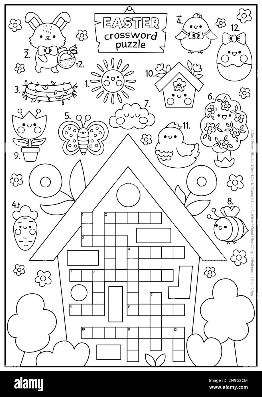 Vector black and white Easter country house shaped crossword puzzle for Vector black and white Easter country house shaped crossword puzzle for