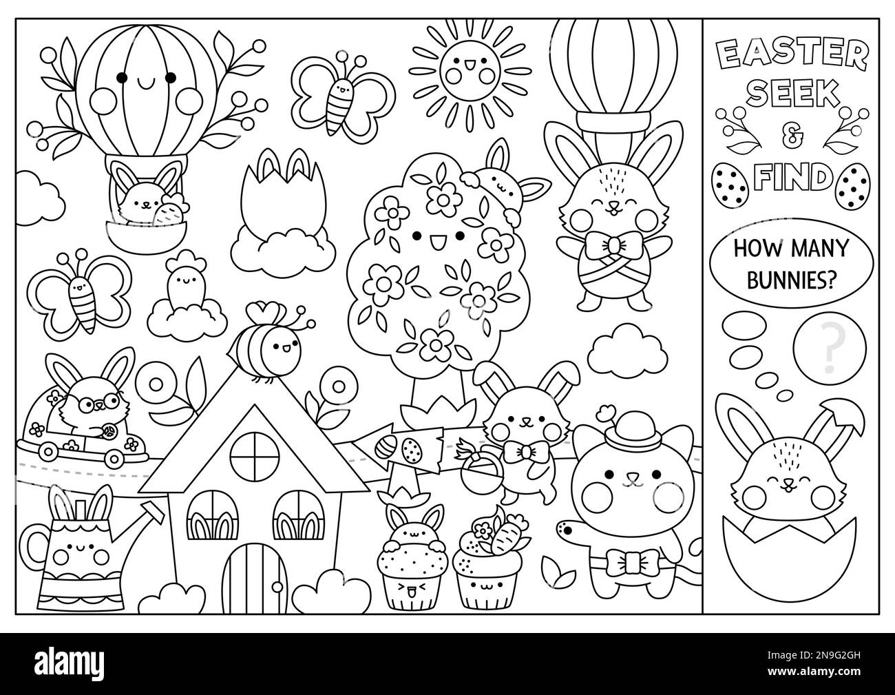 Vector Black And White Easter Searching Game With Country House And vector-black-and-white-easter-searching-game-with-country-house-and
