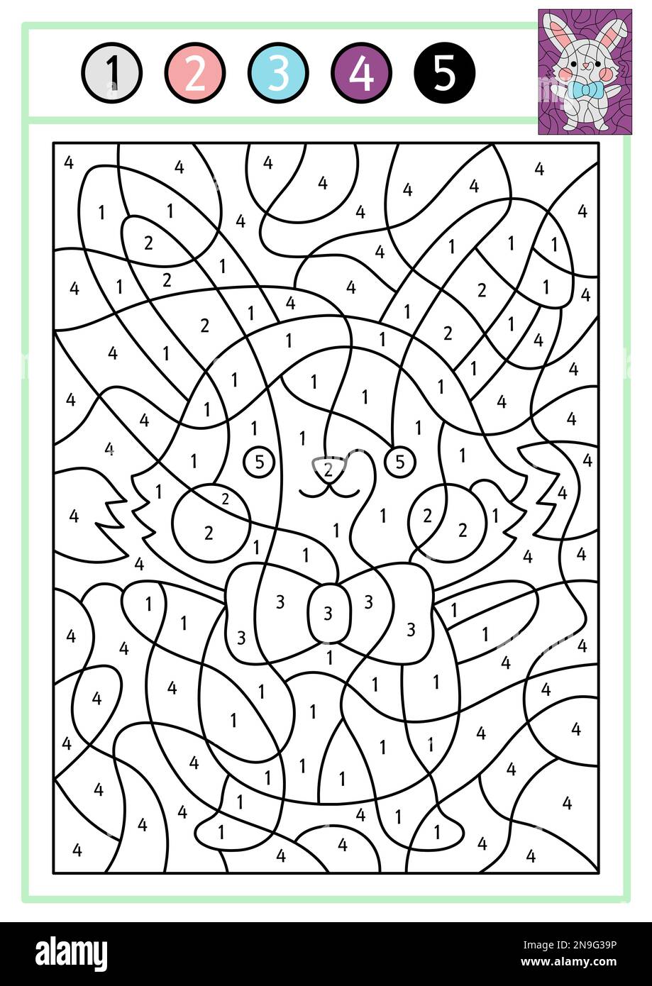 Vector Easter color by number activity with cute kawaii bunny. Spring