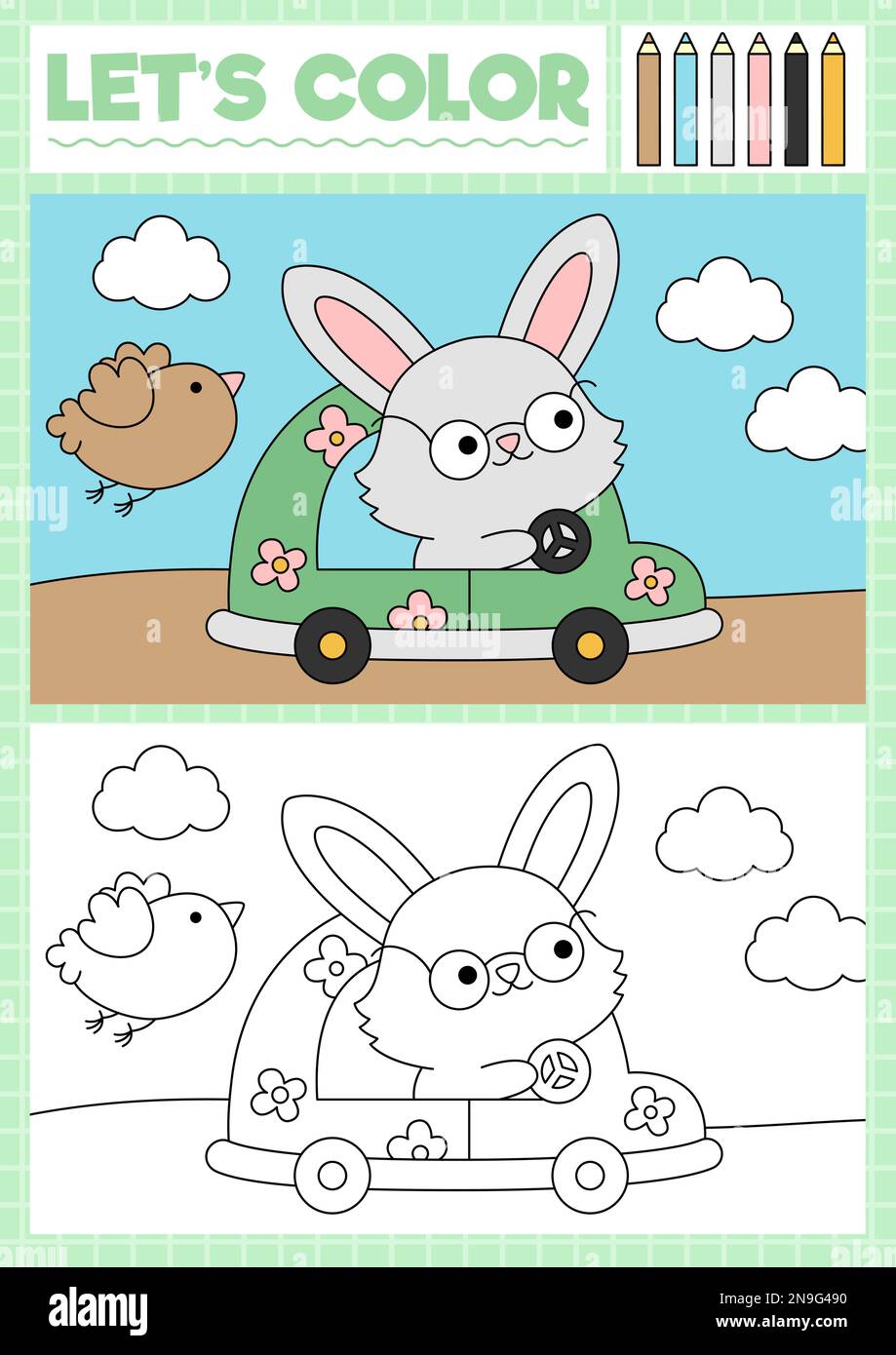 Easter coloring page for children with cute kawaii scene with bunny