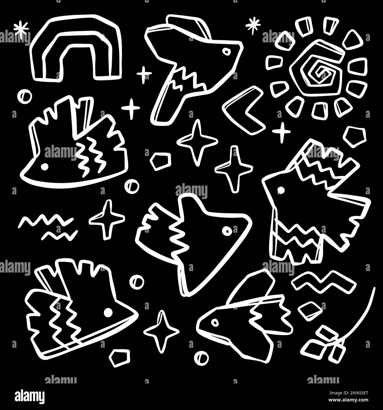ABSTRACT FIGURES Contemporary Folk Doodle Monochrome Sketch Modern African Hand Drawn Flat Bird Shapes Fabric Print Background Matisse Style Creative Stock Vector