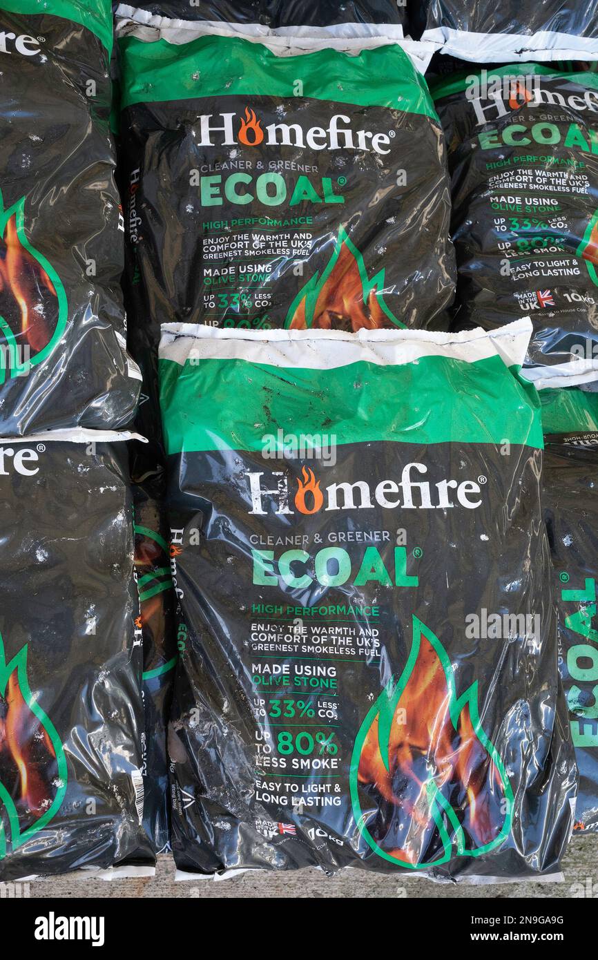 For Sale 10kg bags of Homefire Ecoal briquettes smokeless fuel Stock Photo