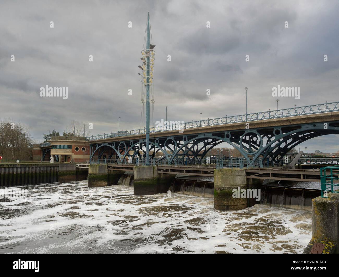 The Barrage on the River Tees keeps water at a constant level upstream allowing re development and provides for water sports Stock Photo