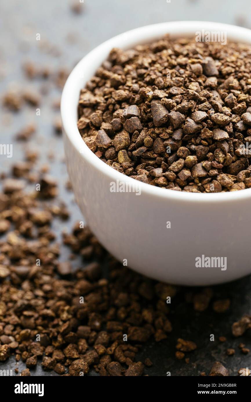 Vegan organic plant based garden NPK fertilizer in a small bowl. Stock Photo