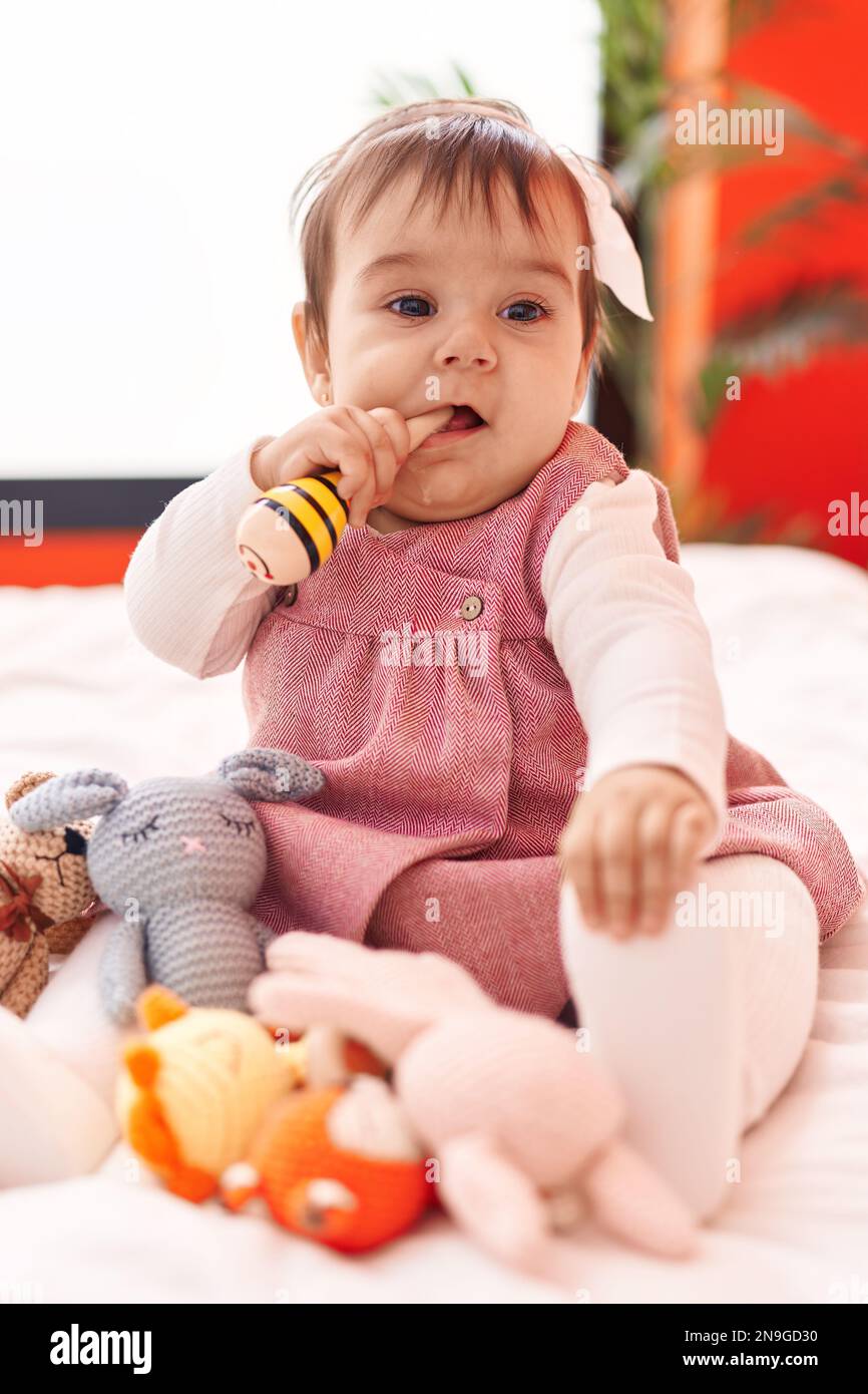 Adorable hispanic baby bitting maraca sitting on bed at bedroom Stock ...