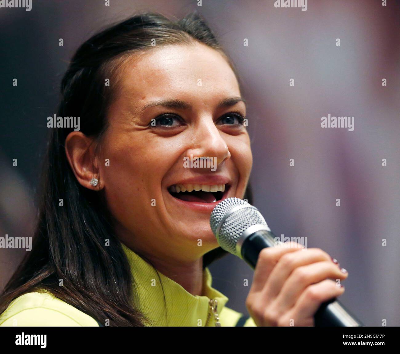 Russia's pole vaulter Yelena Isinbayeva speaks during a press