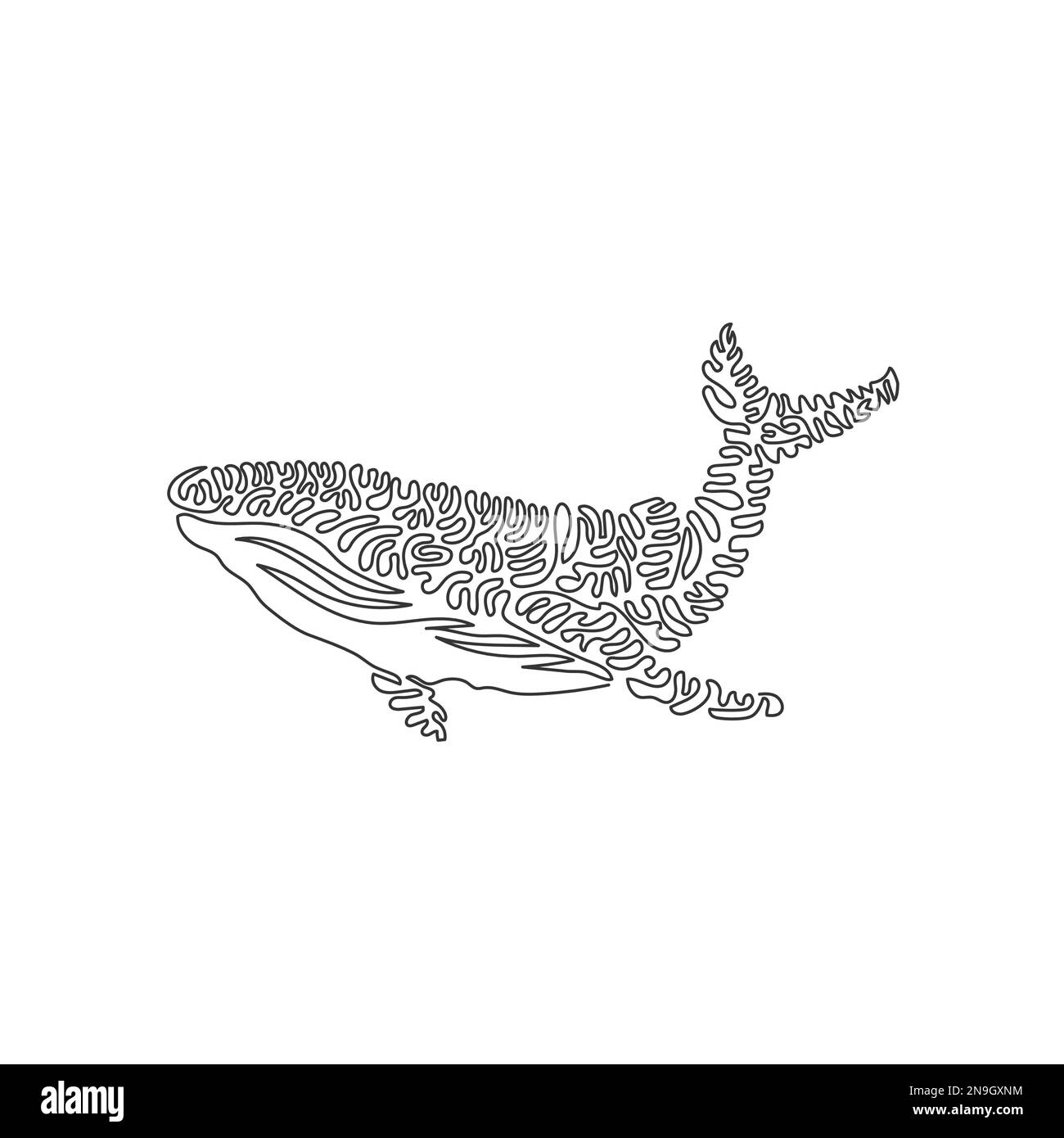 Single curly one line drawing of huge whale abstract art. Continuous
