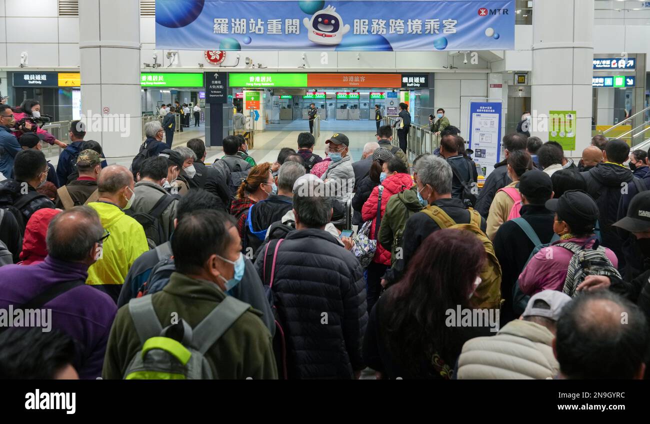 Passengers ready to cross the border at Lo Wu. The checkpoint begins