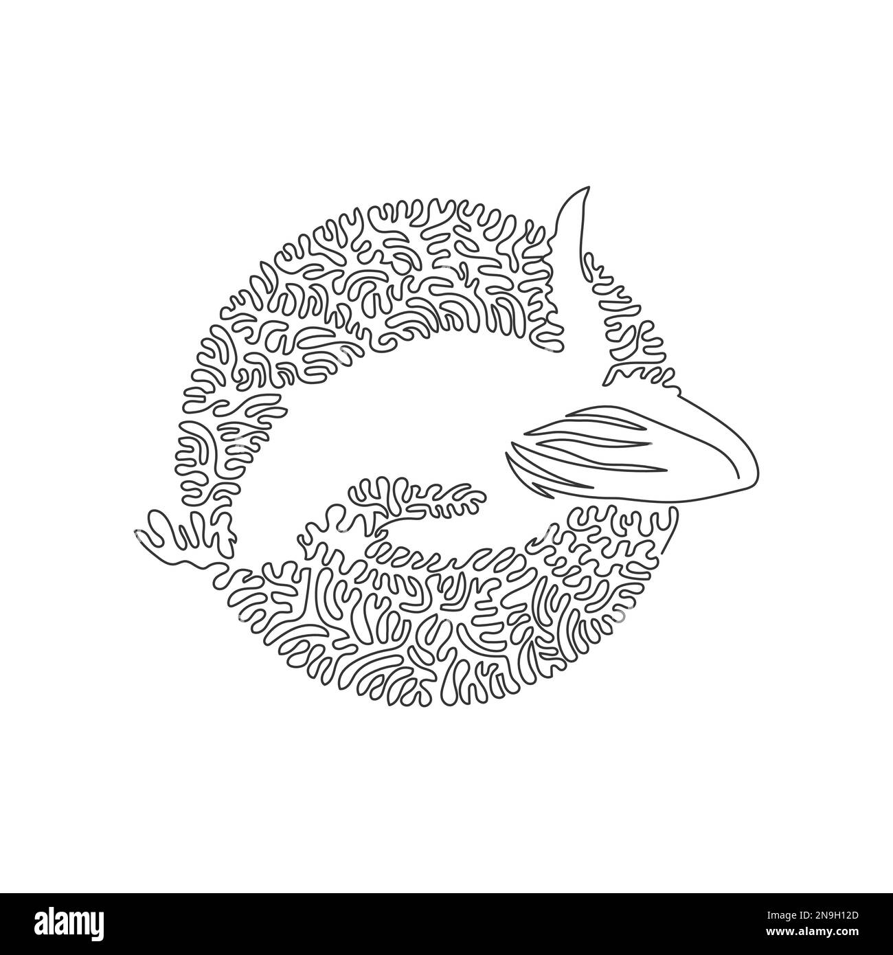 Continuous curve line drawing of scary whale abstract art in a circle. Single line editable stroke vector illustration of a giant whale underwater Stock Vector