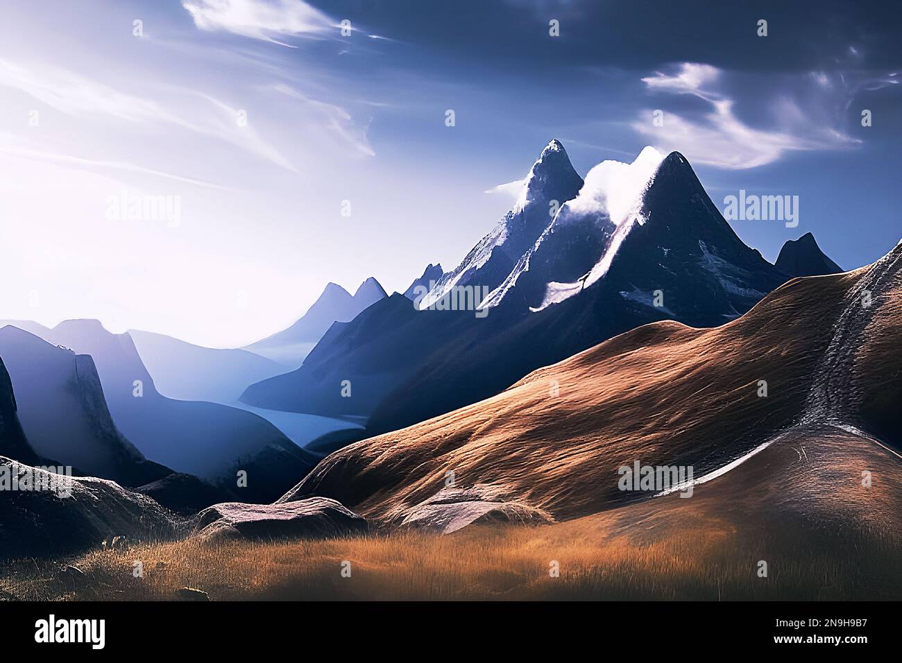 Summertime mountain and valley landscape depiction. Stock Photo