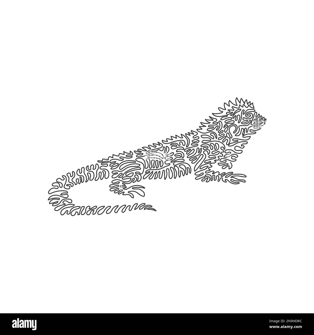 Single one curly line drawing of exotic iguana abstract art. Continuous
