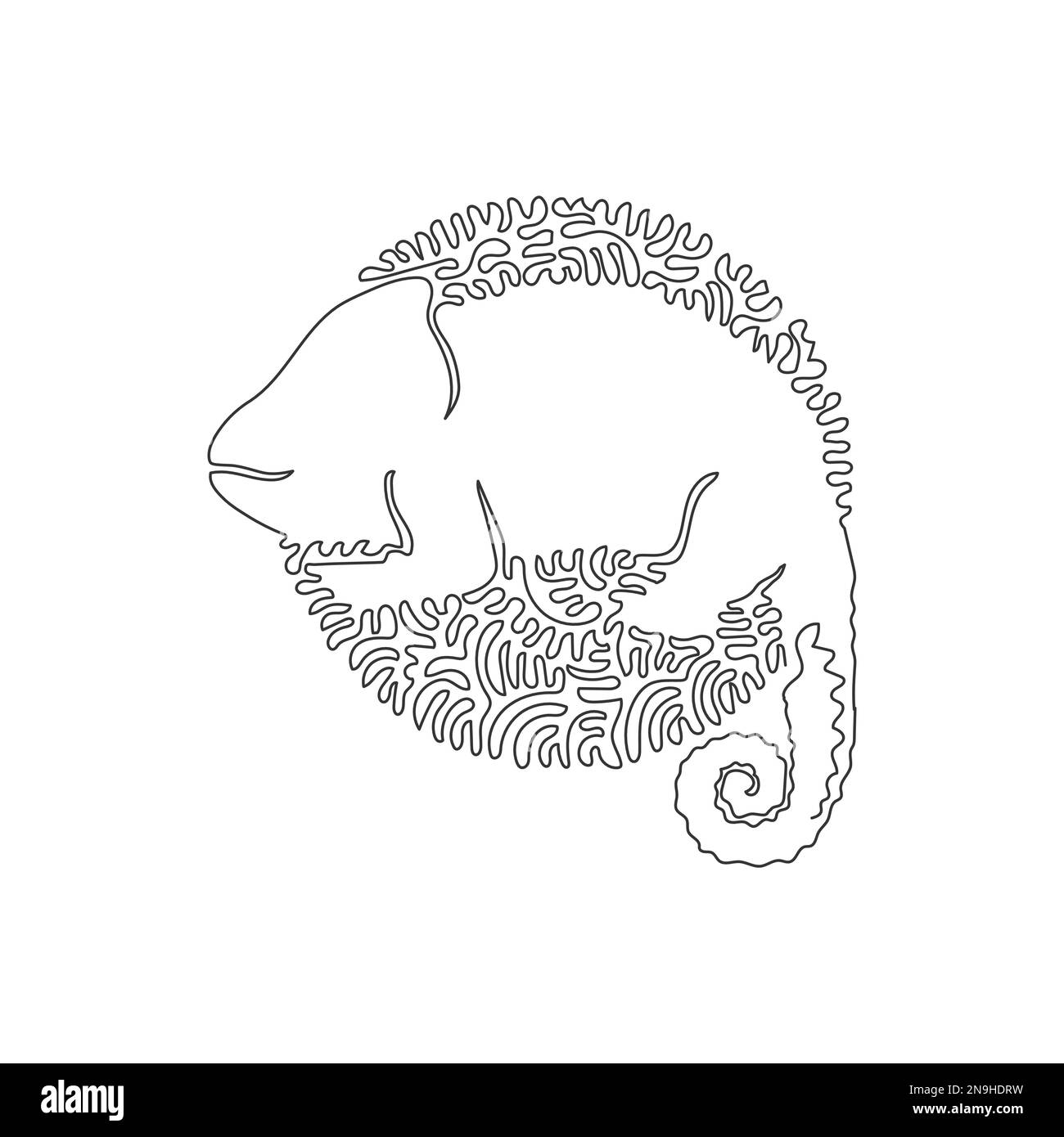 Single one curly line drawing of cute chameleon abstract art. Continuous line drawing graphic design vector illustration of friendly exotic pets Stock Vector