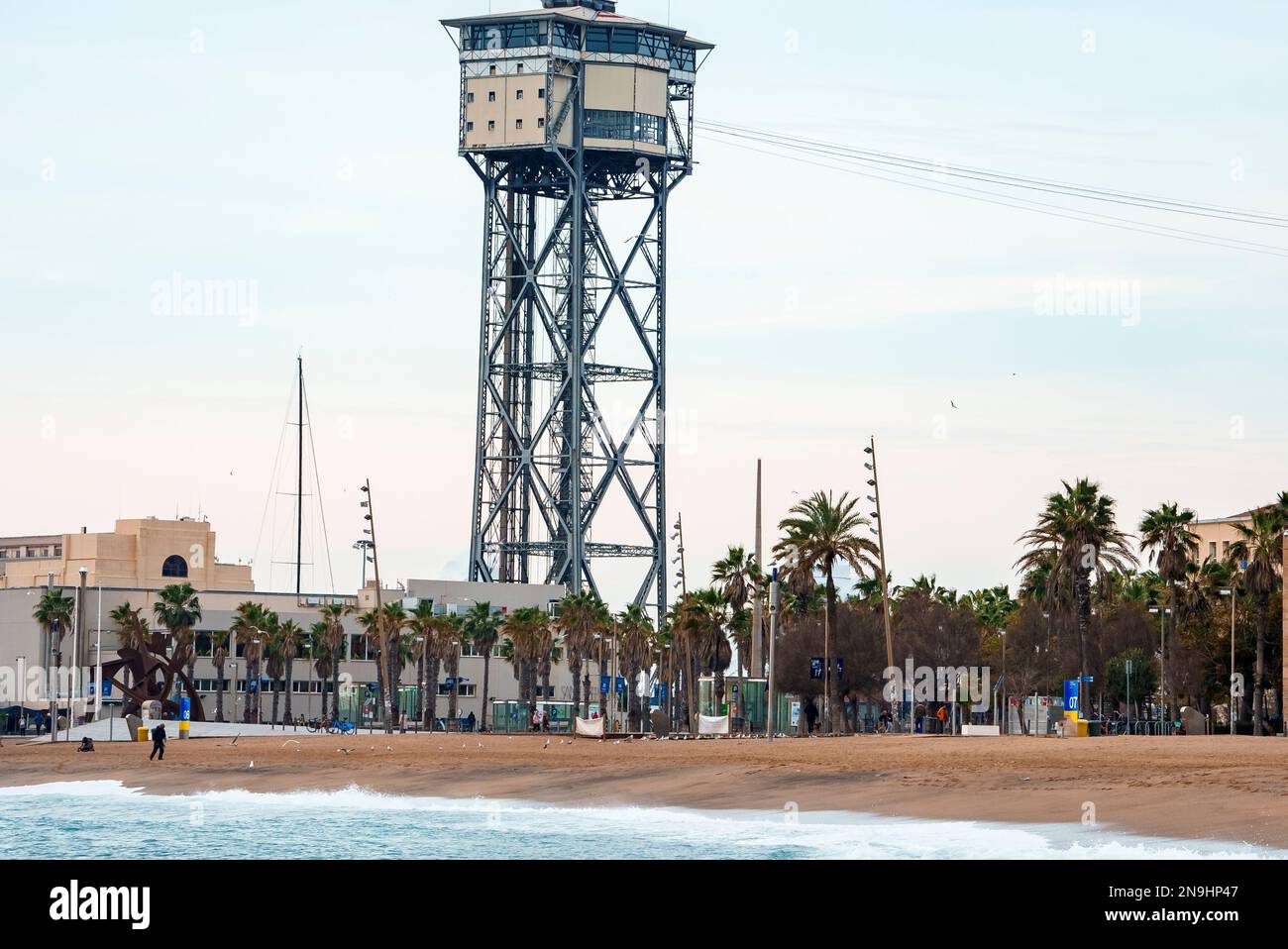 Torre Sant Sebastia and beach on a cloudy day at Catalonia in Barcelona Stock Photo