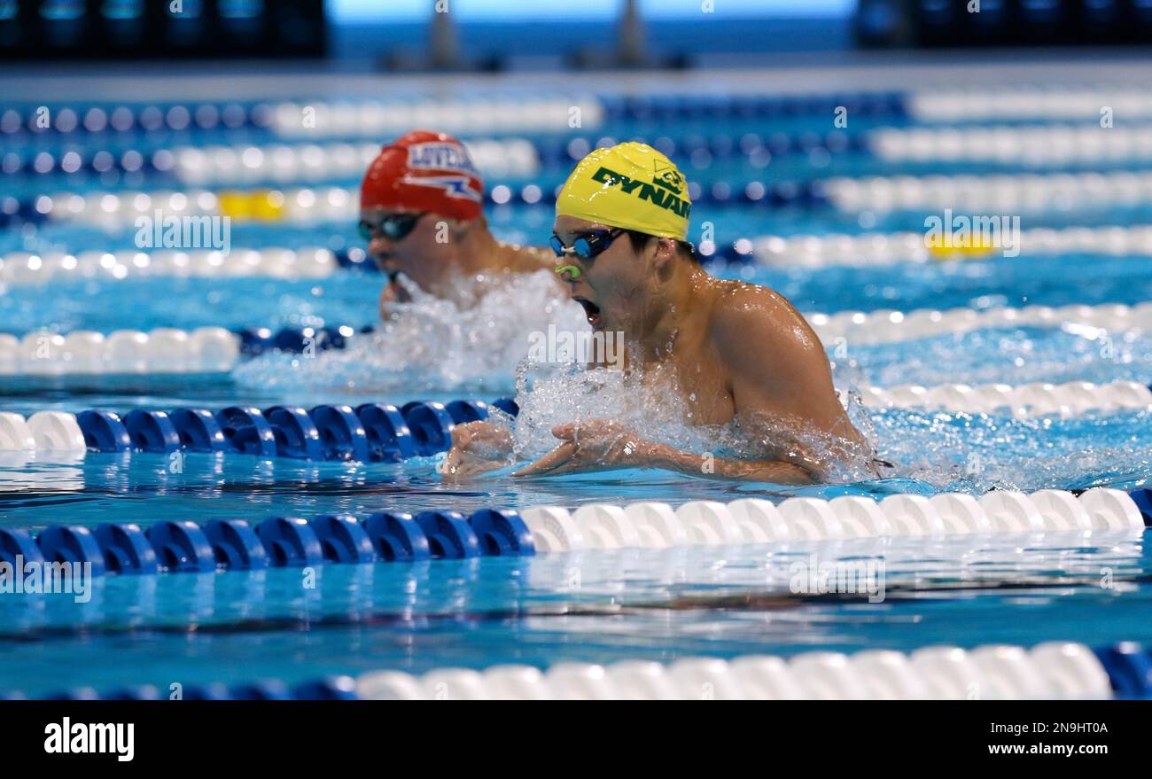 Jay Litherland, right, and Brandon Hatanaka swim in the men's 400meter