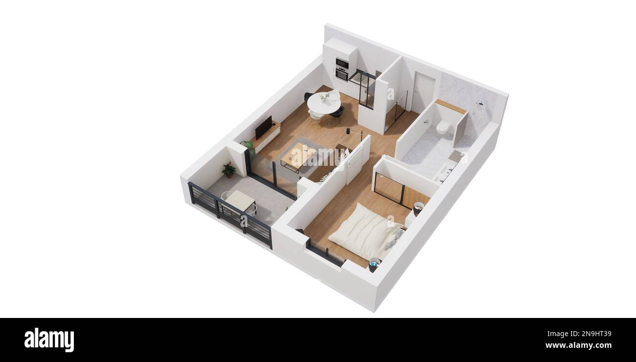 A 3D rendered illustration of an apartment floor plan isolated on a ...