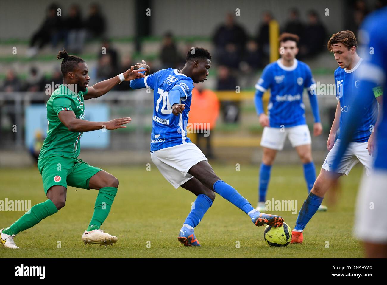 Virton's Sylla Yacouba and Jong Genk's Ibrahima Sory Bangoura fight for the ball during a soccer match between RE Virton and Jong Genk, Sunday 12 February 2023 in Virton, on day 22 of the 2022-2023 'Challenger Pro League' 1B second division of the Belgian championship. BELGA PHOTO JOHN THYS Stock Photo