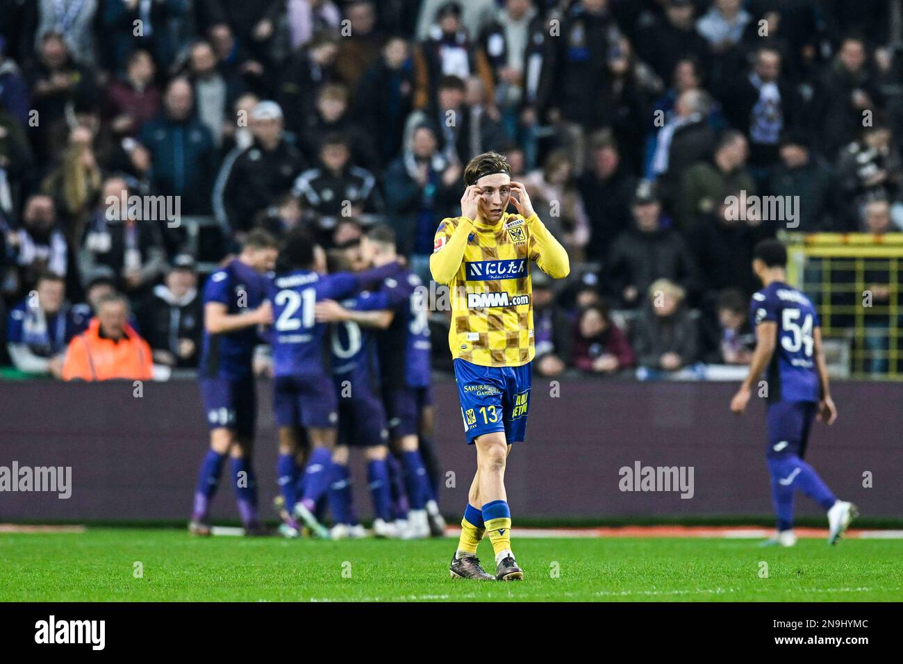 STVV's Rocco Reitz shows defeat during a soccer match between RSC Anderlecht and Sint-Truidense VV STVV, Sunday 12 February 2023 in Anderlecht, Brussels, on day 25 of the 2022-2023 'Jupiler Pro League' first division of the Belgian championship. BELGA PHOTO TOM GOYVAERTS Stock Photo