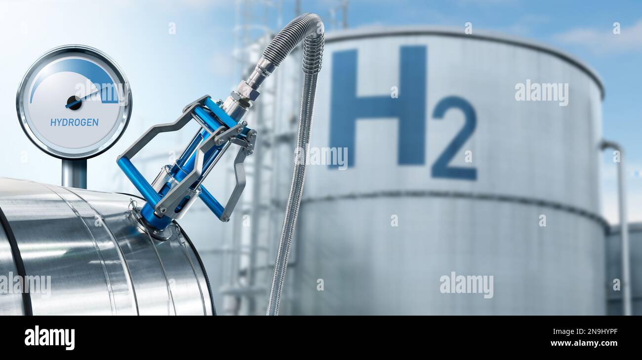 Hydrogen gauge on a background of gas tanks. Green hydrogen production concept Stock Photo