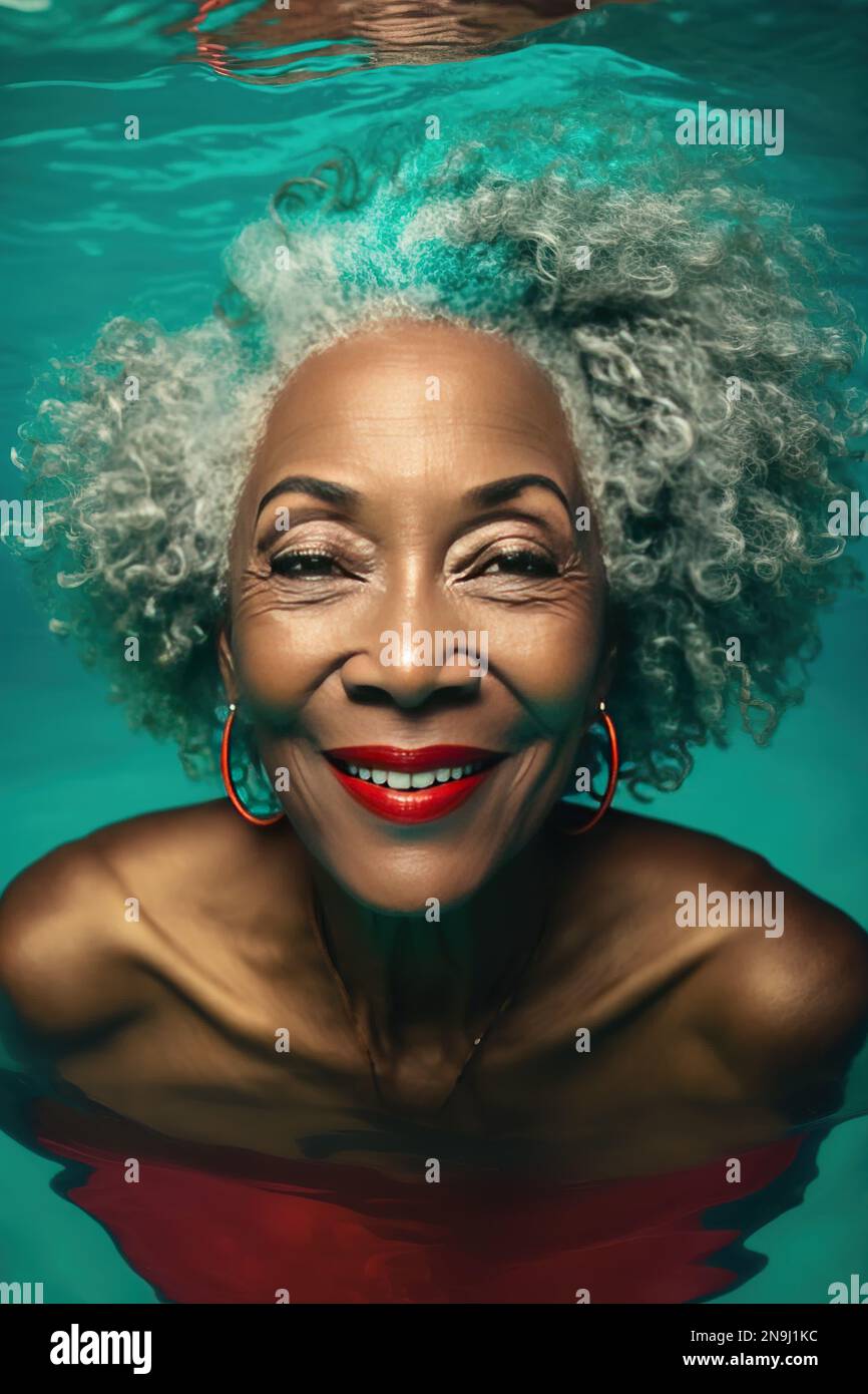 Beautiful Older Black African American Woman In Swim Suit In Pool Generative Ai Portrait Stock
