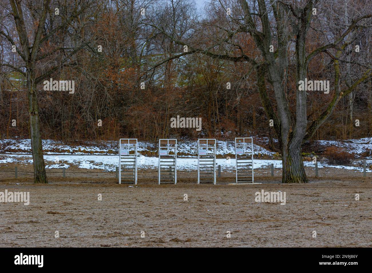 Life guard stands sit idle for the winter at the beach at Edgewater Park in Cleveland, Ohio