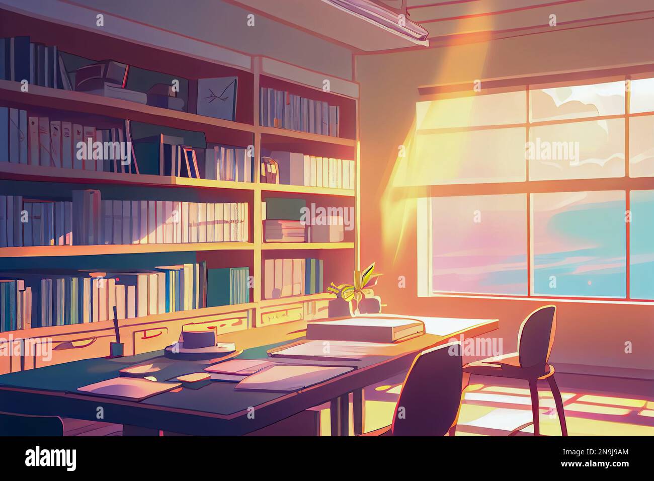 anime sun shining through library window Stock Photo Alamy