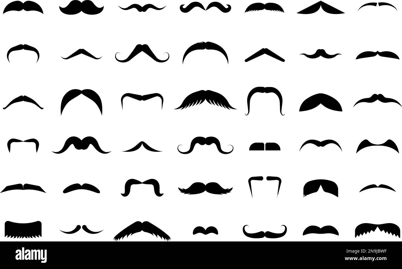 Male mustache silhouettes, funny mustaches cartoon icons. Black barber shop symbols, funny hipster face hair style. Abstract fashion decent vector set Stock Vector