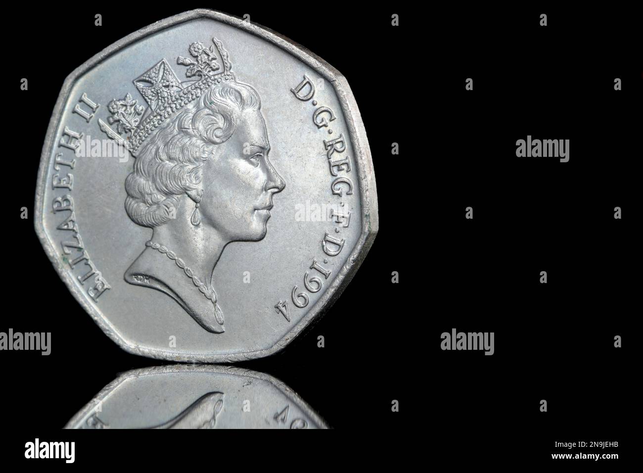 Obverse side of a 1994 50 pence coin featuring the 3rd Queen Elizabeth II coin portrait by Raphael Maklouf Stock Photo