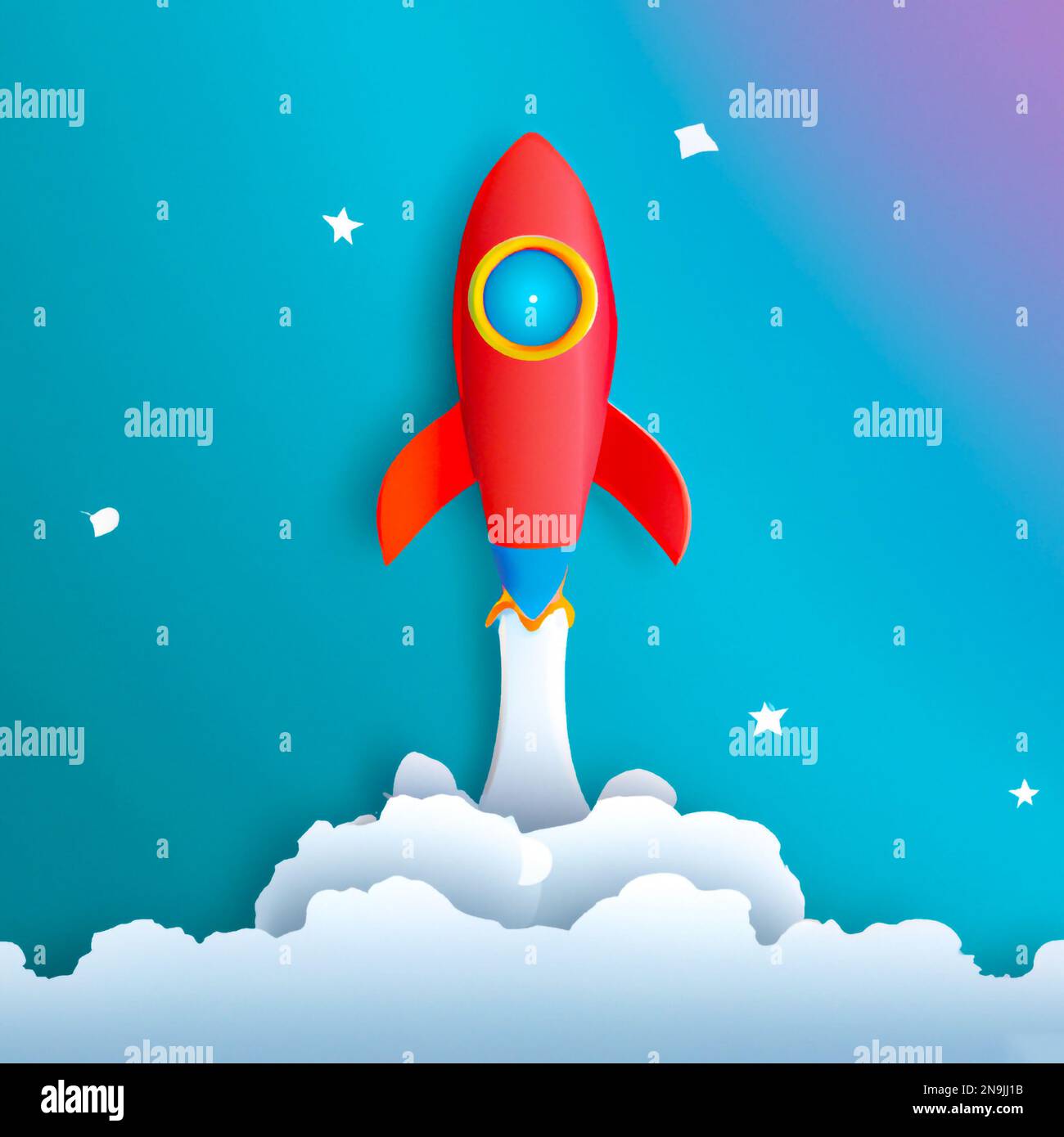 Space Rocket flying toward the clouds – Digital Illustration Stock ...