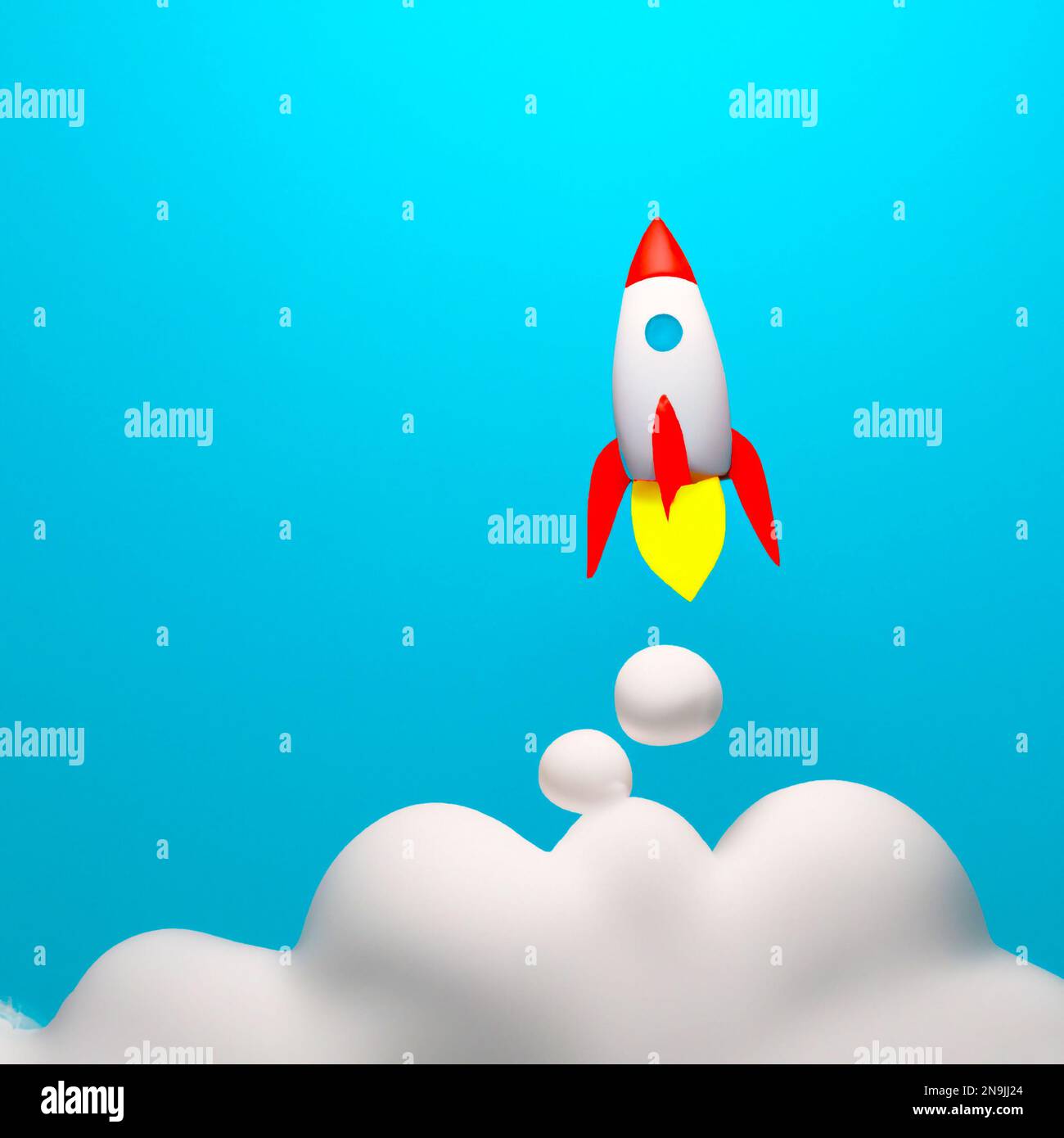 Space Rocket flying toward the clouds – Digital Illustration Stock ...