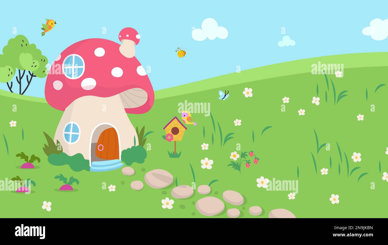 Fairytale mushroom house on green floral meadow. Magic tale location, cartoon landscape with bird, tiny dwarf home and stone path, vector scene Stock Vector