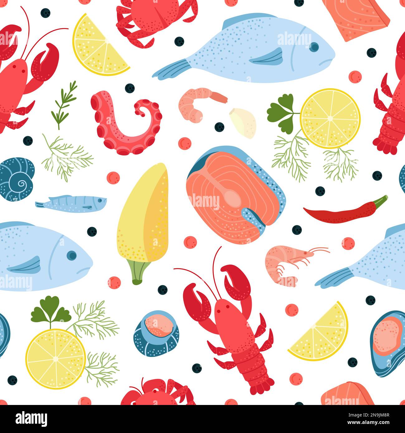 Seafood seamless pattern. Red black caviar, vegetable and fish. Flat cartoon salmot steal and lobster. Restaurant, kitchen decent vector print Stock Vector