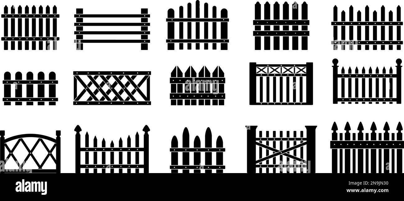 Black fence silhouettes. Fences iron and wooden, gates shapes icons. Security for buildings elements. Isolated barnyard or farm barriers decent vector Stock Vector