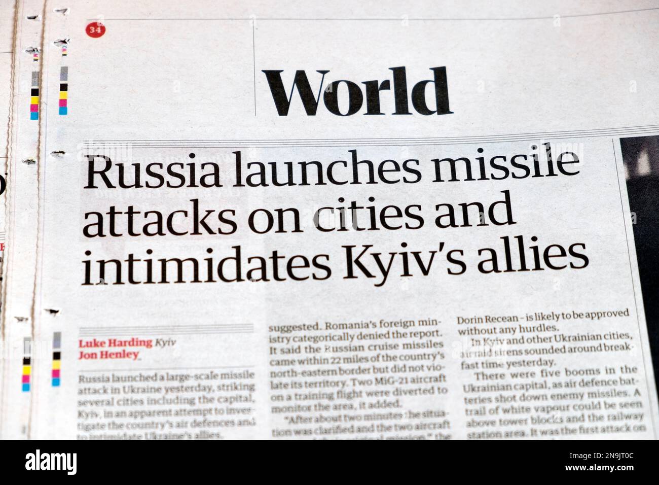 'Russia launches missile attacks on cities and intimidates Kyiv's allies' Guardian newspaper headline Ukraine war Russian invasion 11 February 2023 UK Stock Photo