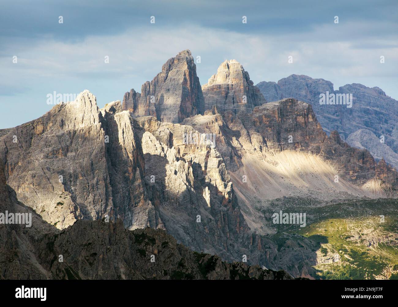 panoramic view of the Sexten dolomites mountains or Dolomiti di Sesto from Carnian Alps mountains, Tre cime di Lavaredo or Drei zinnen,  Italy Stock Photo