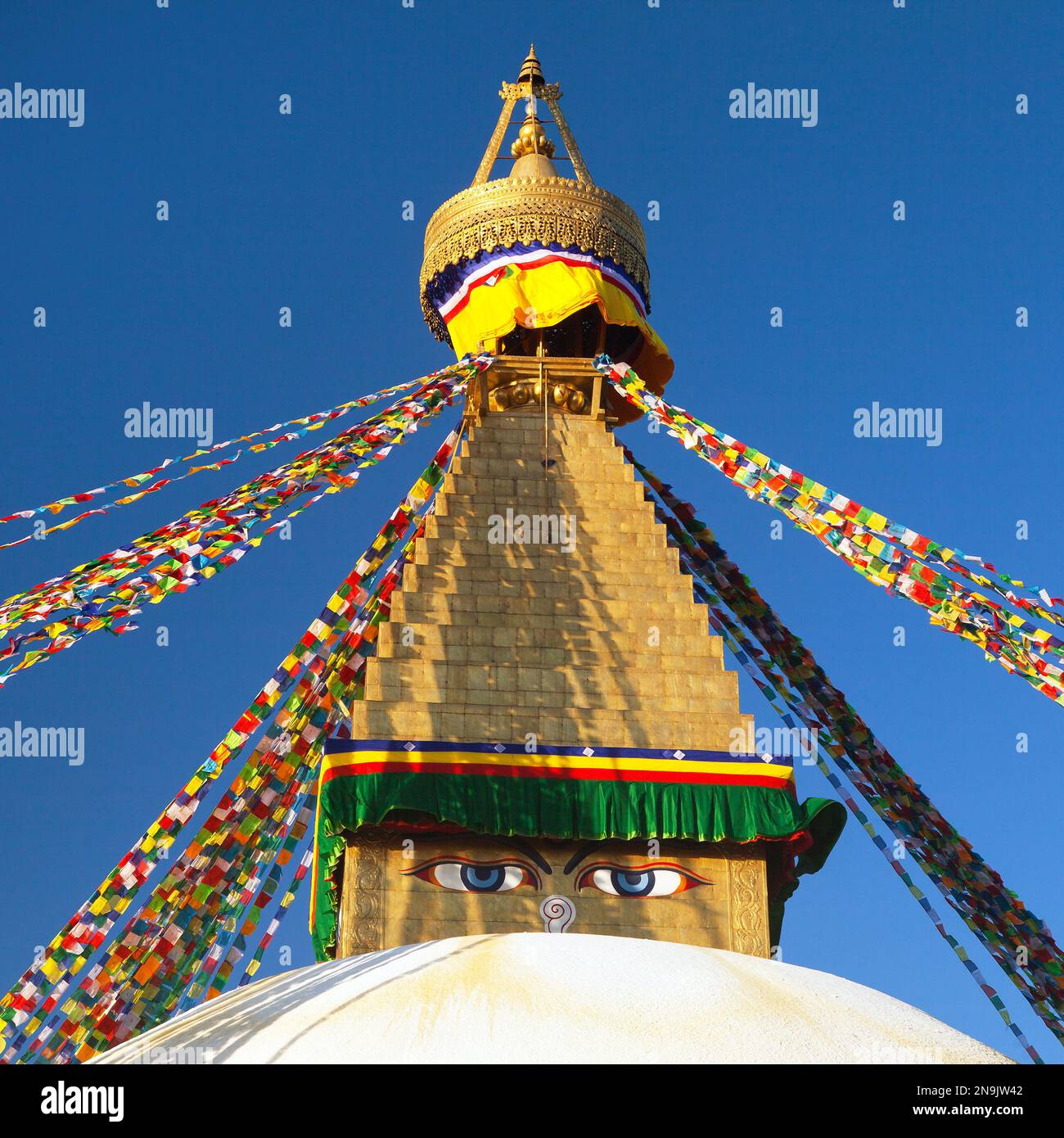 Boudha, bodhnath or Boudhanath stupa with prayer flags, the biggest buddhist stupa in Kathmandu city, buddhism in Nepal Stock Photo