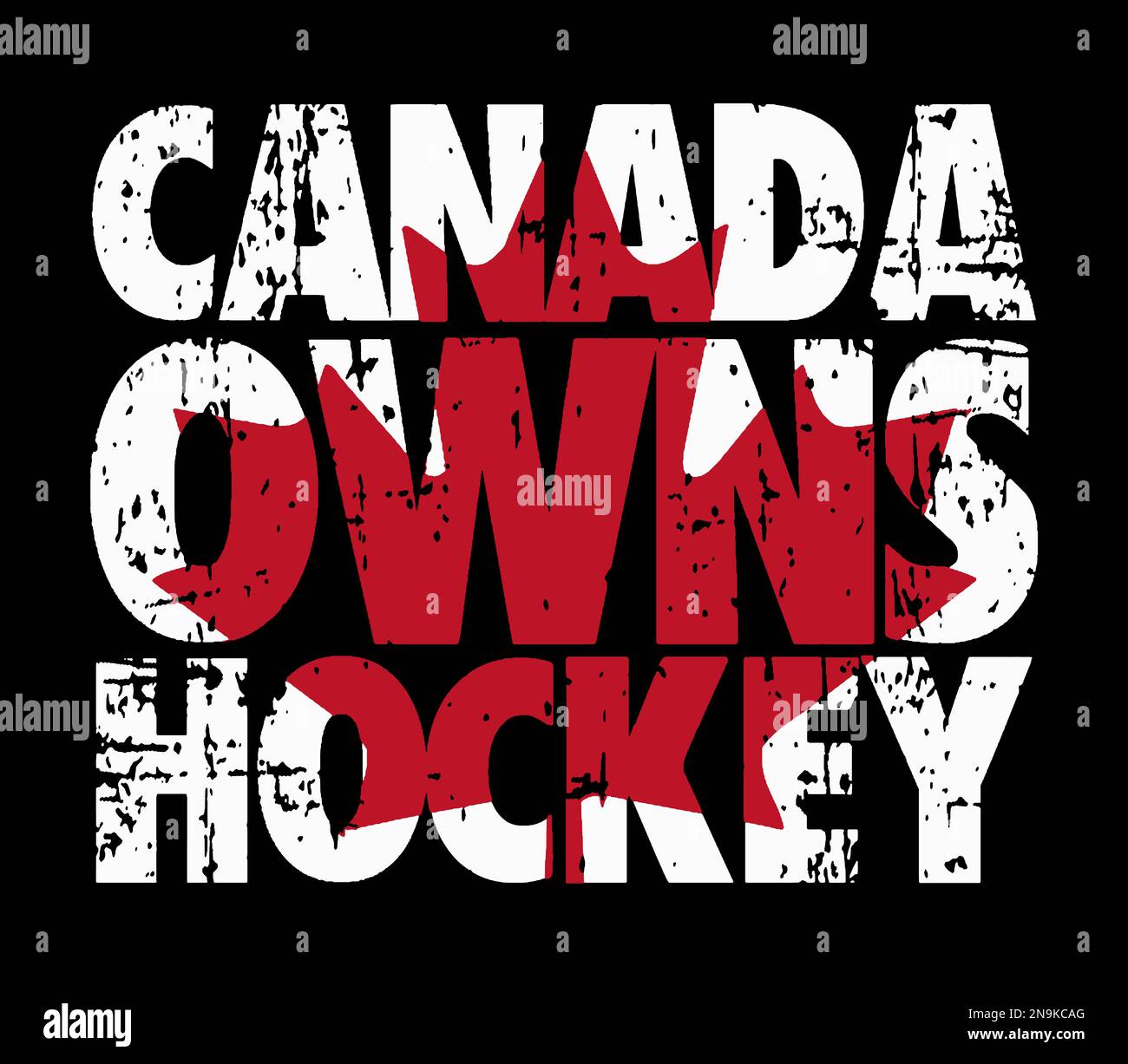 Canada owns hockey. Grungy hockey quote design with maple leaf. Stock Vector