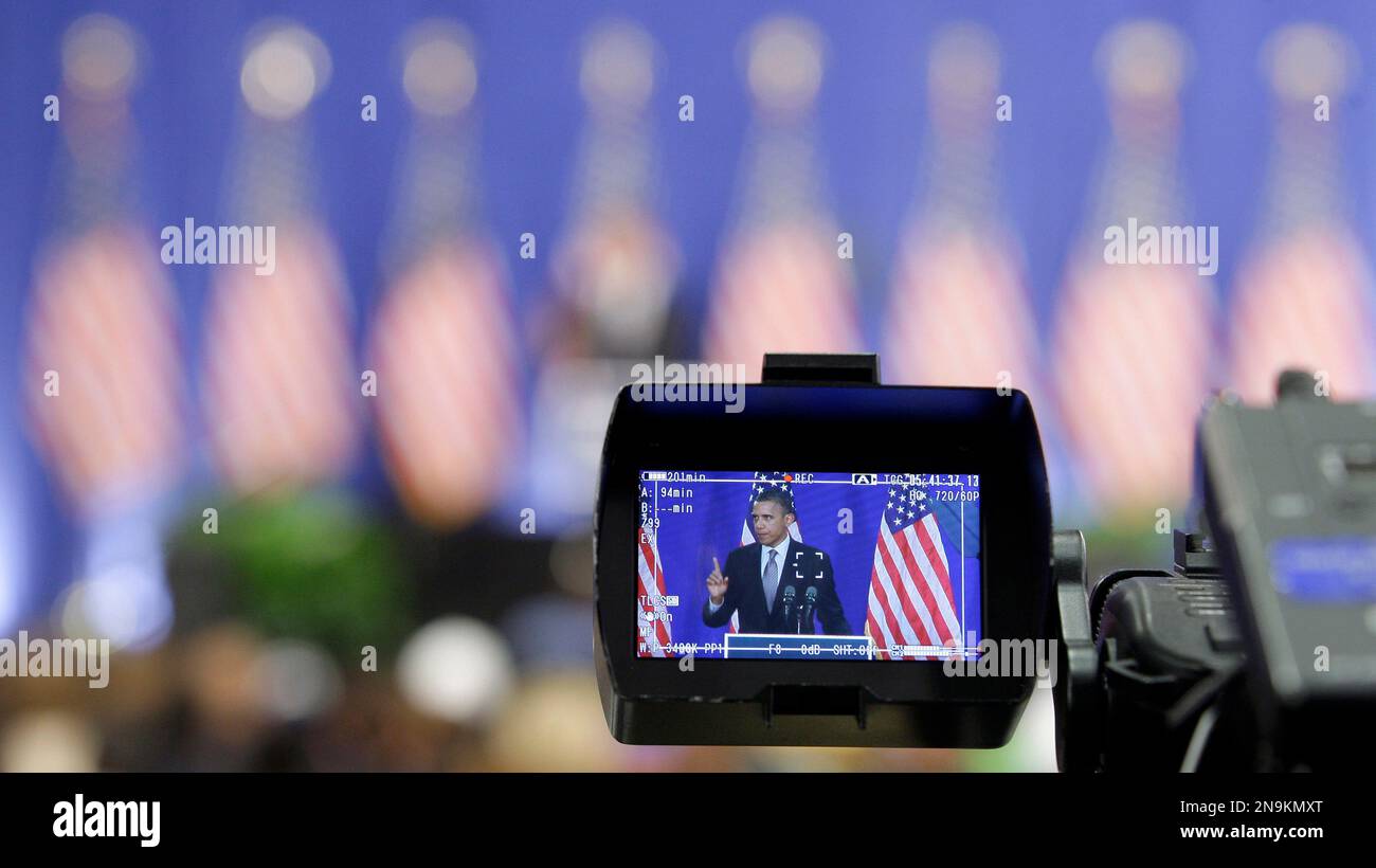 Obama Camera President Barack Obama is shown on a TV monitor mounted on a camera as ...