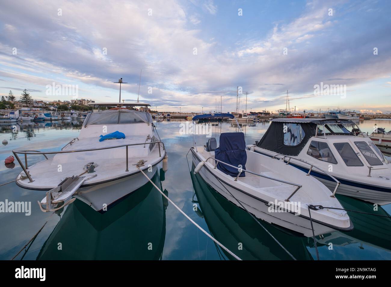 Yachts and boats docking at the marina late afternoon at Zygi in Cyprus