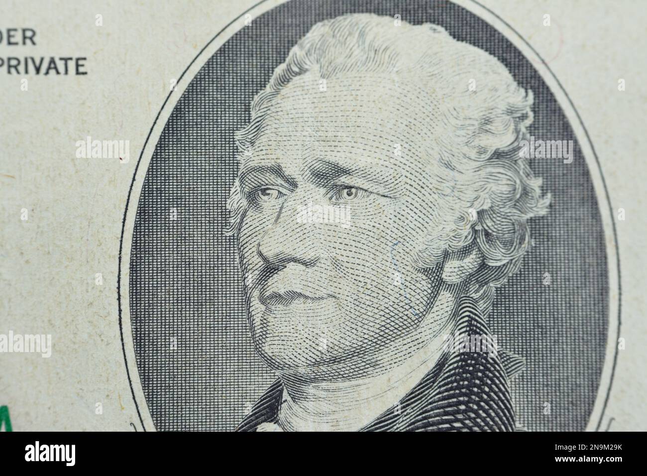 The portrait of Alexander Hamilton, who served as the first U.S. Secretary of the Treasury from the obverse side of old 10 $ ten American dollars bill Stock Photo