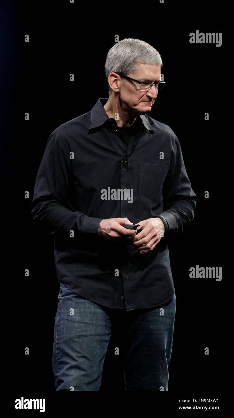 Apple CEO Tim Cook speaks at the Apple Developers Conference in San Francisco, Monday, June 11, 2012. (AP Photo/Paul Sakuma) Stock Photo