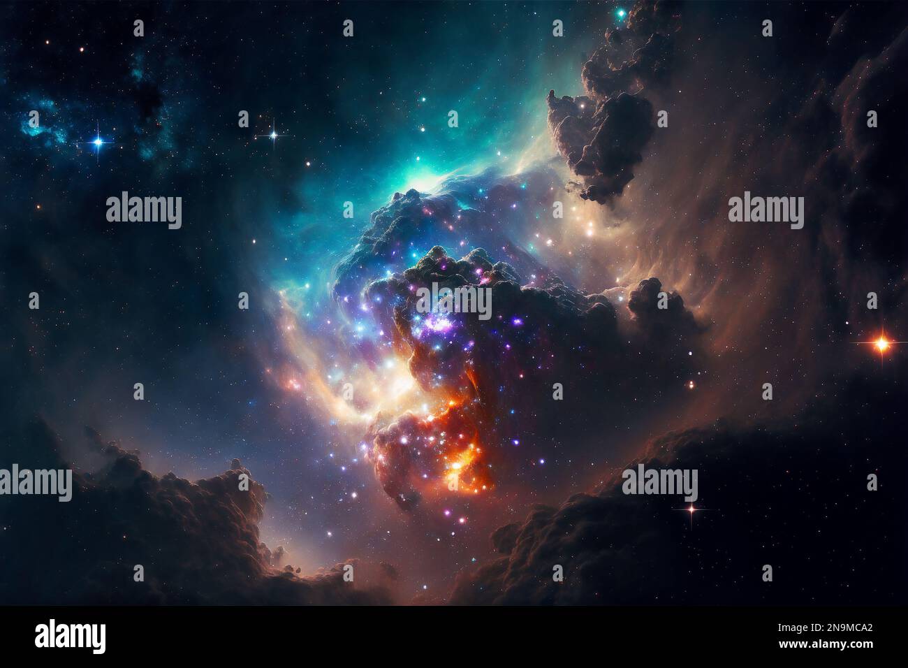 Concept of nebula with galaxies in deep space cosmos. Discovery outer ...