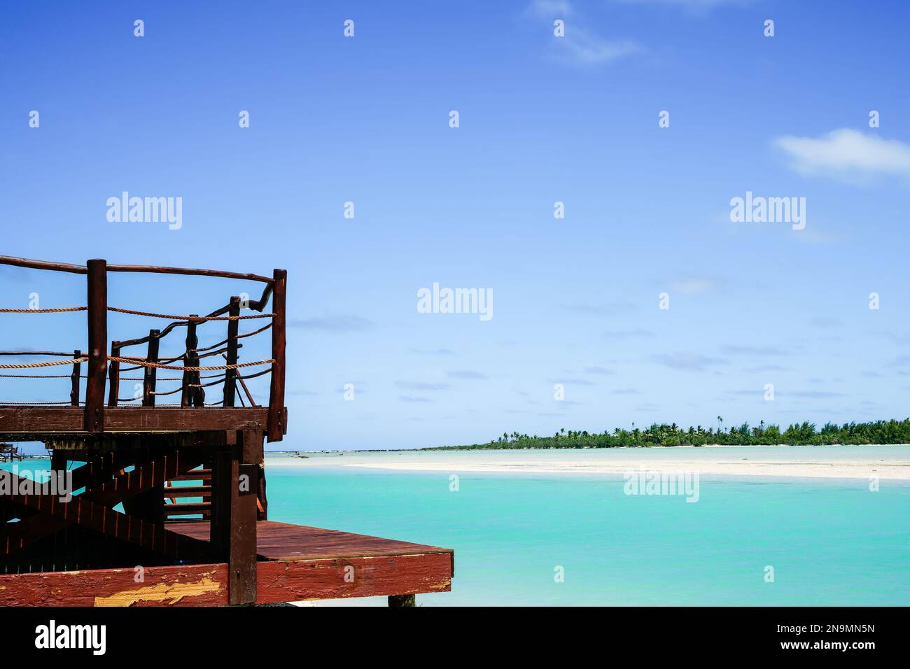 Tropical island paradise wooden deck in idyllic landscape on Aitutaki