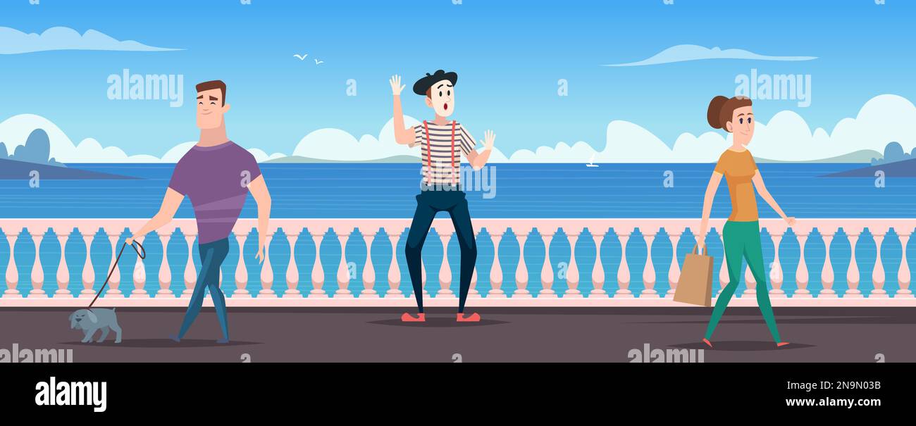 Mime actors. Performance show background funny actors on the street