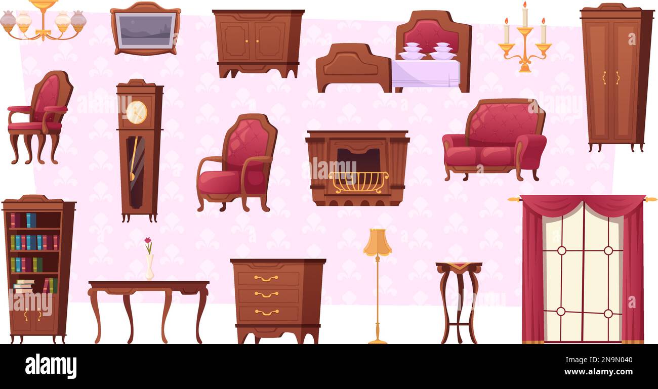 Vintage furniture. Old style collection interior tools shelves sofas armchairs and bookcases exact vector cartoon pictures set Stock Vector