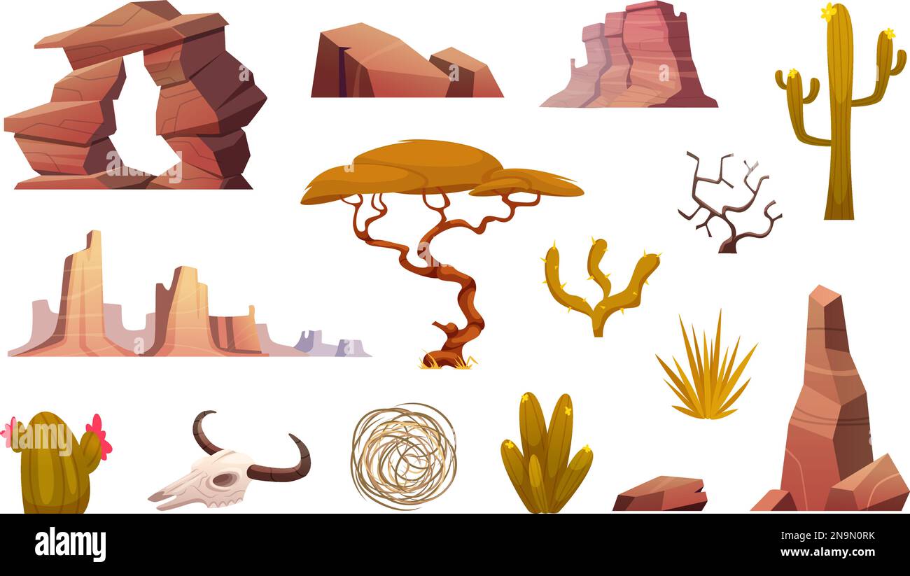 Desert landscape kit. Cactus rocks trees and sand plants for exotic outdoor arizona landscape exact vector templates in cartoon style Stock Vector