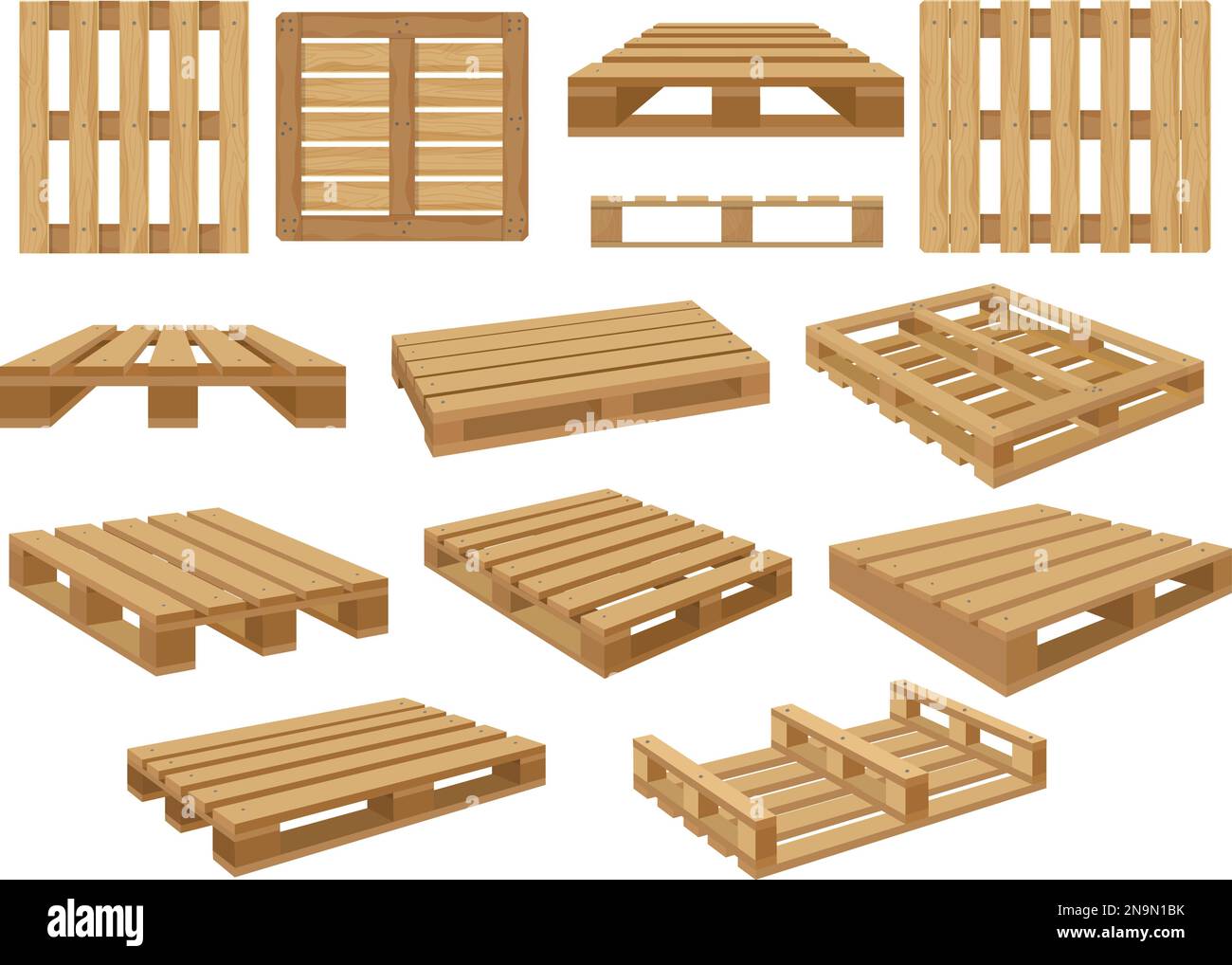 Warehouse pallet. Wooden containers for stacking shopping products recent vector illustrations isolated Stock Vector