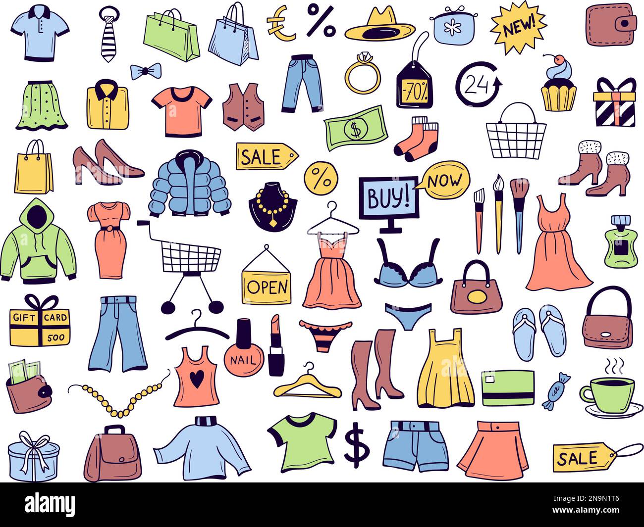 Shopping items. Clothes gadgets market products delivery symbols recent ...